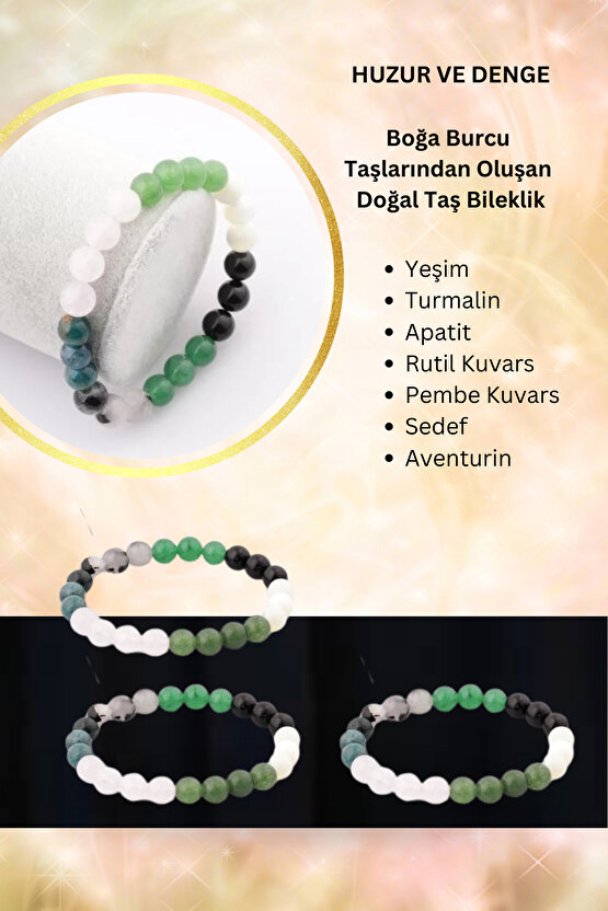 -HUZUR VE DENGE-Boğa Burcu Taşlarından Oluşan Doğal Taş Bileklik