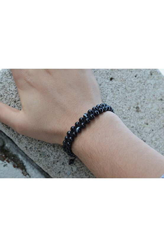 Akik Siyah Damarlı 6 Mm Küre Kesim Çift Sıra Örgü Bileklik