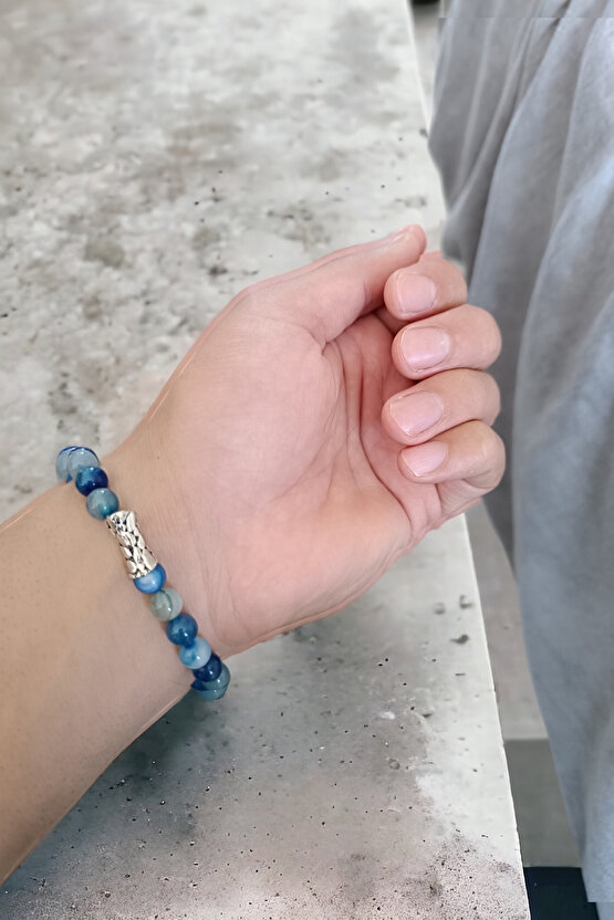 Mavi Akik Taşı Doğal Taş Bileklik Boğaz Çakrası Bileklik İletişim Beceri Bilekliği