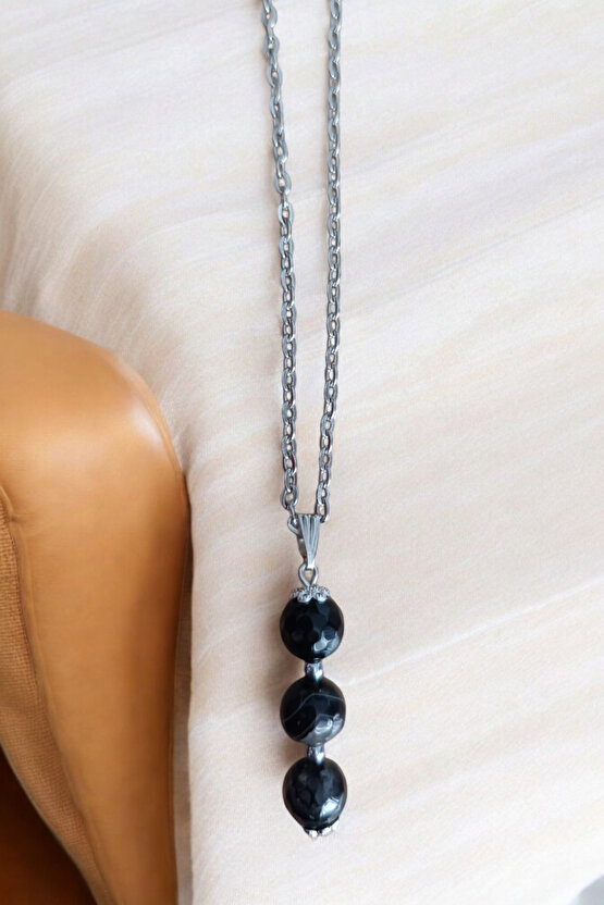 Siyah Faset Kesim Akik kolye doğal taş kolye zincirli kadın kolye hediyelik kolye