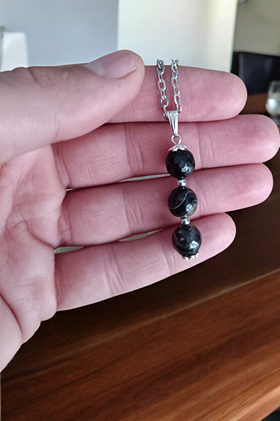 Siyah Faset Kesim Akik kolye doğal taş kolye zincirli kadın kolye hediyelik kolye