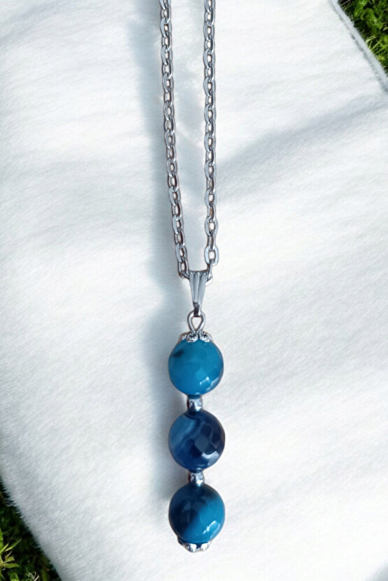 Faset Mavi Akik kolye Akik kolye  doğal taş kolye zincirli kadın kolye hediyelik kolye 10 mm