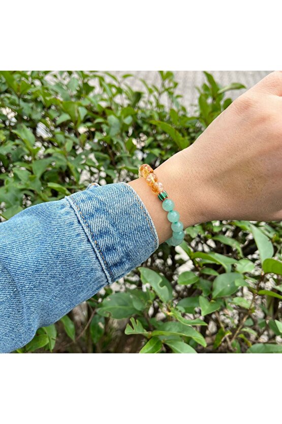 Chevron cam boncuk detaylı Para Enerjisi Sitrin ve Aventurin Doğal Taş Bileklik 8 MM