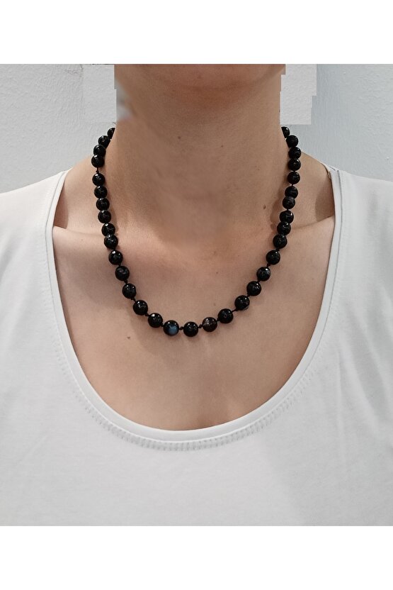 DOĞALTAŞ TASARIM KOLYE- SİYAH AKİK TAŞINDAN DÜĞÜMLÜ KOLYE