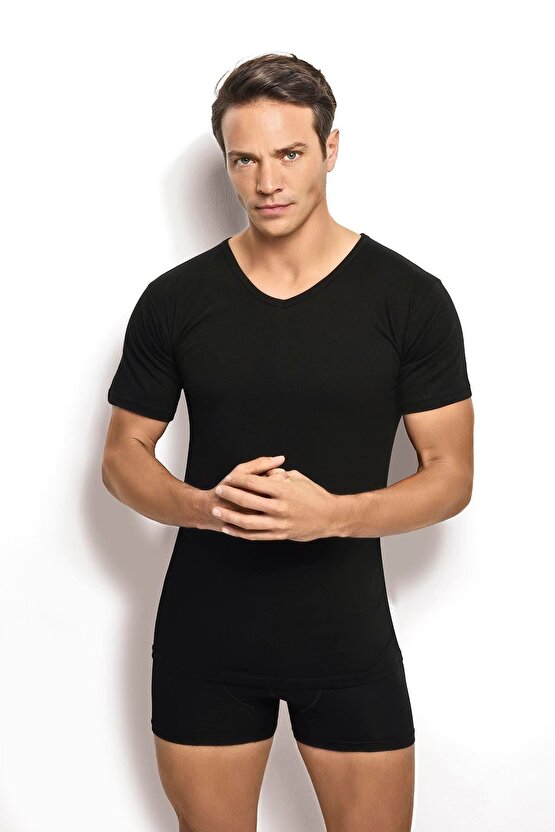 Erkek Siyah Pamuklu Kısa Kollu V Yaka Atlet Fanila 3lü Paket-112