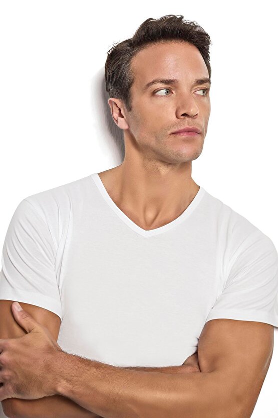 Erkek Beyaz Pamuklu V Yaka Atlet 105