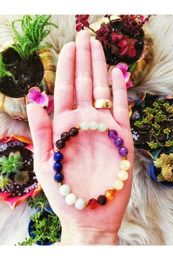 Başak Burcu Doğaltaş Bileklik Ametist,akik,aventurin, Lapis Lazuli, Dumanlı Kuvars, Sitrin, Amazonit