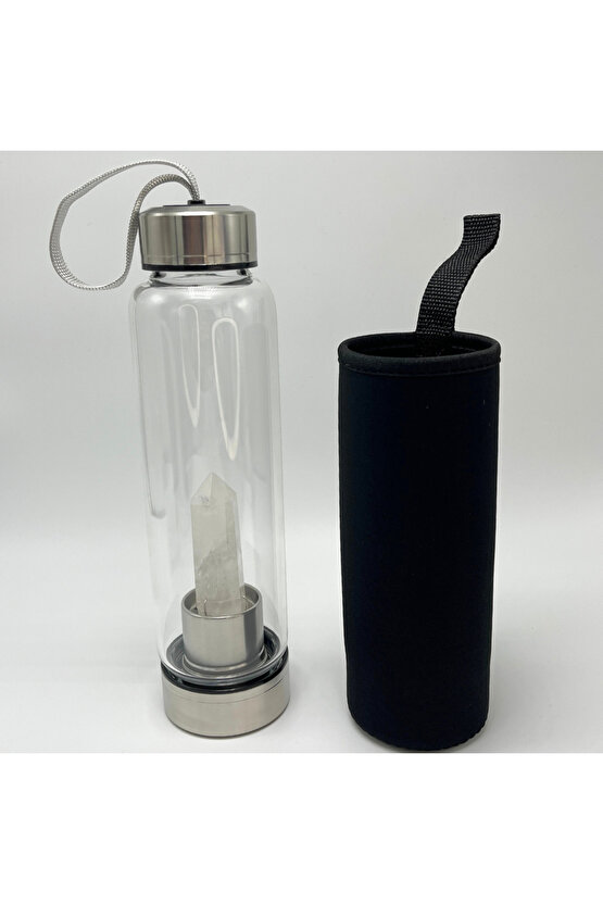 SERTİFİKALI Kristal Kuvars Doğal Taş Cam Su Matarası 550 ml  Özel Kılıflı Contalı Kapak Paslanmaz