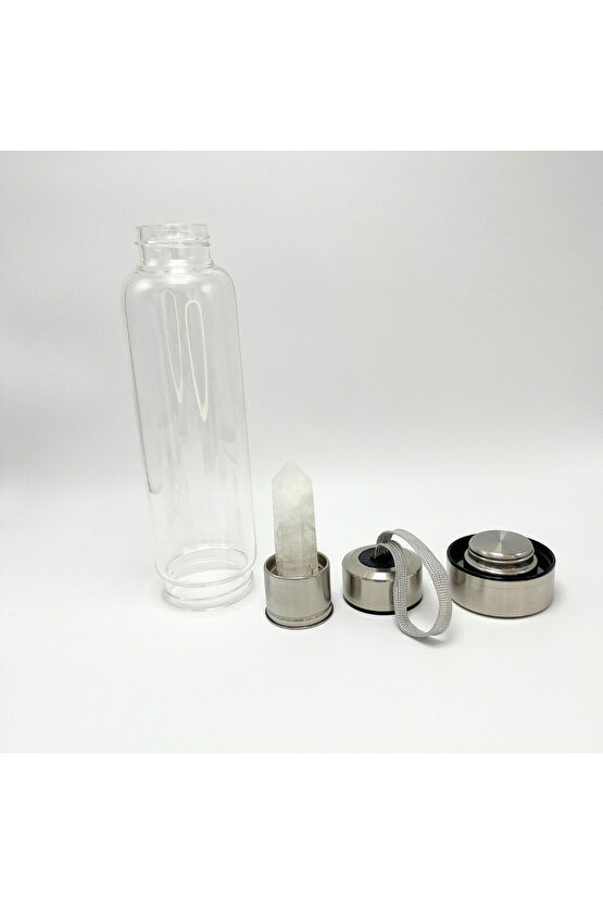 SERTİFİKALI Kristal Kuvars Doğal Taş Cam Su Matarası 550 ml  Özel Kılıflı Contalı Kapak Paslanmaz