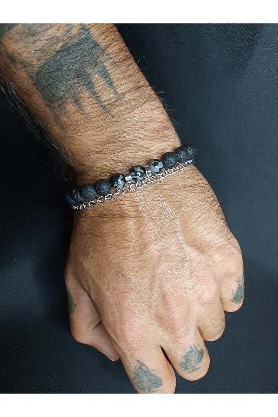 Siyah Lav Taşı ve Füme Akik Taşlı Zincir Detaylı Ayarlanabilir Şık Bileklik