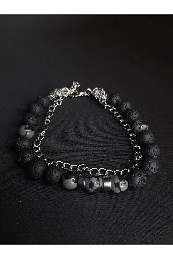 Siyah Lav Taşı ve Füme Akik Taşlı Zincir Detaylı Ayarlanabilir Şık Bileklik