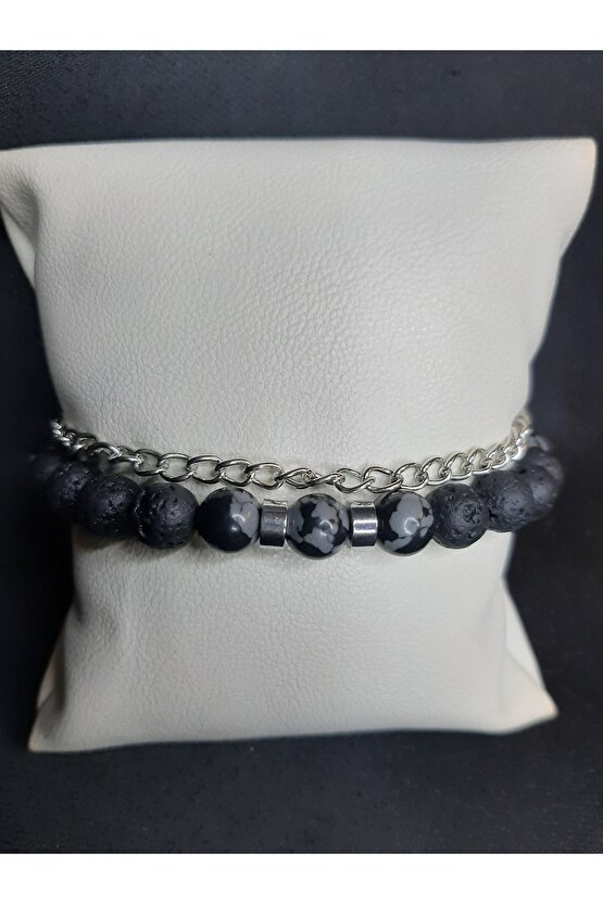 Siyah Lav Taşı ve Füme Akik Taşlı Zincir Detaylı Ayarlanabilir Şık Bileklik