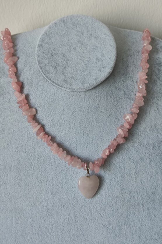 Pembe Kuvars Kırıktaş Doğaltaş Kalp Kolye