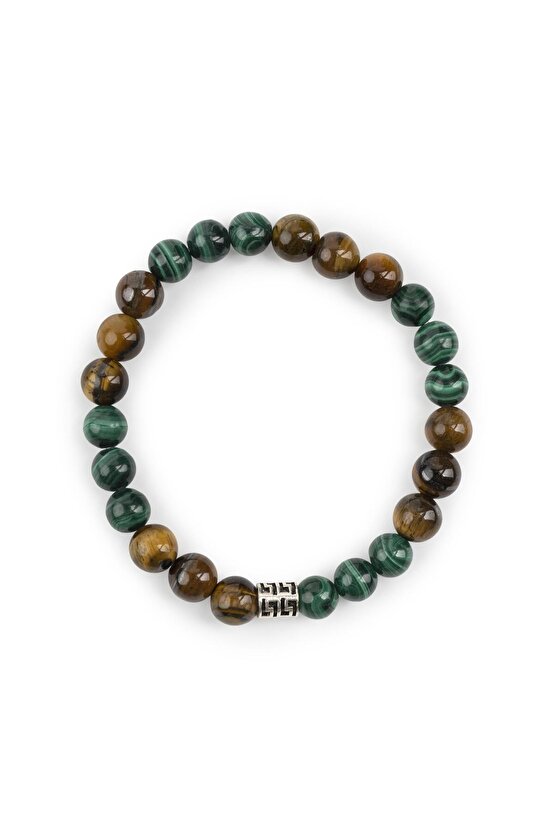 Kahverengi Kaplangözü- Malakit Doğal Taş Gümüş Bileklik