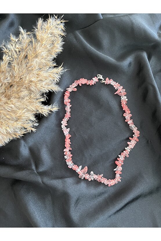 Çilek Kuvars Kırık Doğal Taş Kolye