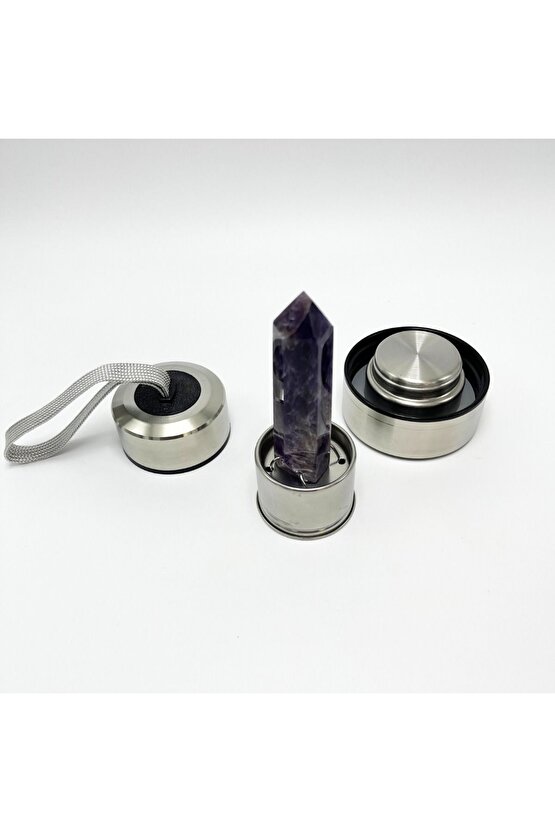 SERTİFİKALI Ametist Doğal Taş Cam Su Matarası 550 ml  Özel Kılıflı Contalı Kapak Paslanmaz Çelik