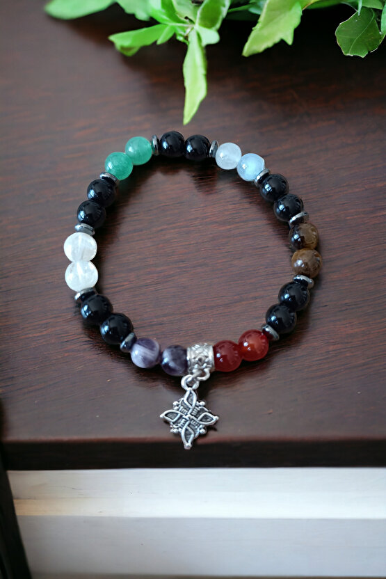 7 Çakra Bileklik Akik, Kaplan Gözü, Oniks, Akuamarina, Aventurin, Sitrin, Ametist Doğal Taş Bileklik