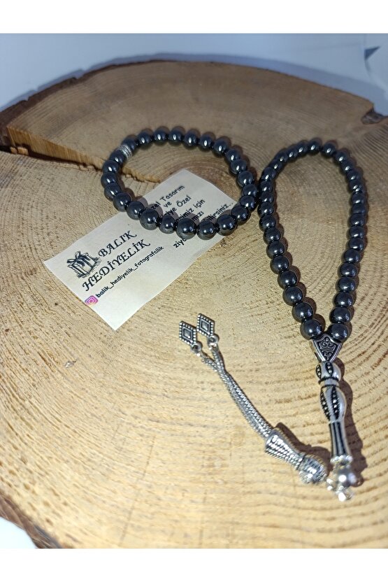 DOĞALTAŞ TESPİH-BİLEKLİK TAKIM AHŞAP KUTULU HEMATİT TAŞI HMTT-1001