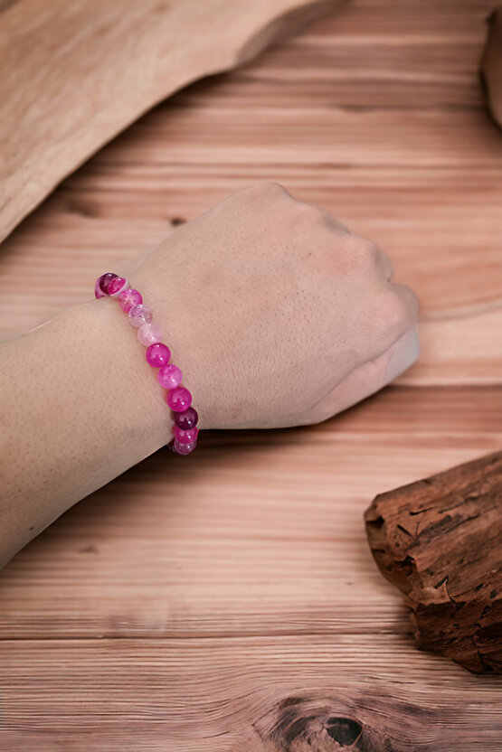 Akik Taşı Bileklik Orijinal Doğal Taş Bileklik Pembe Beyaz Desenli Bileklik Doğal Taş Bileklik