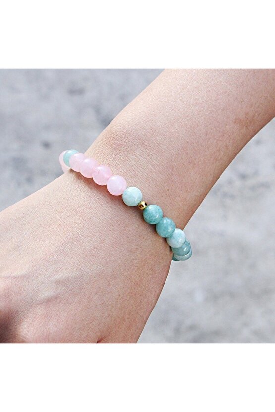 Pembe Kuvars & Amazonit Doğal Taş Bileklik 8mm