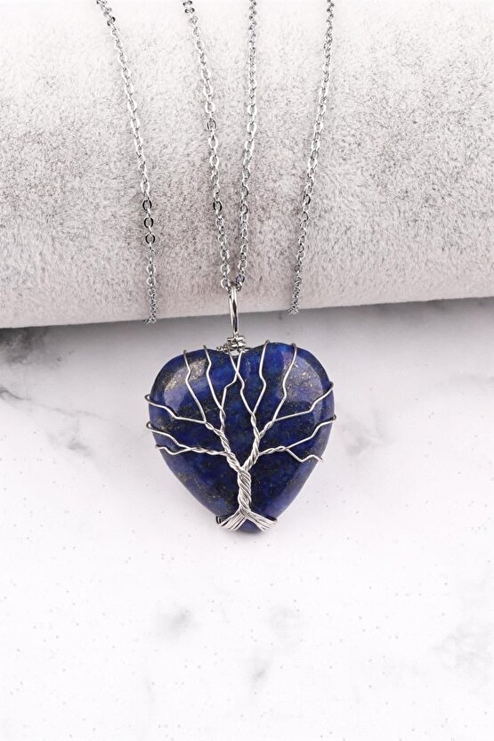 Lapis Lazuli Doğal Taş Tel Sarmalı Kalp Kolye