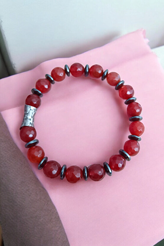 Kırmızı Akik Bileklik Faset Kesim Orijinal Gerçek Hakiki Akik Taşı Bileklik 10 mm