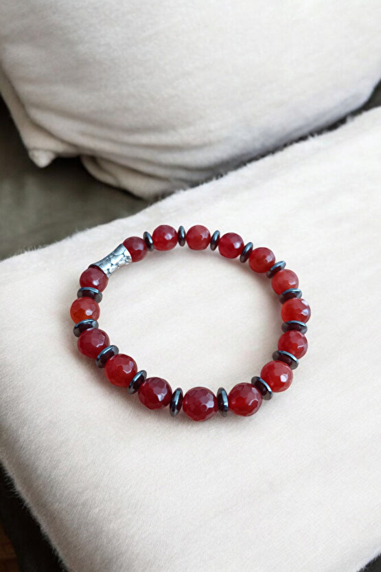 Kırmızı Akik Bileklik Faset Kesim Orijinal Gerçek Hakiki Akik Taşı Bileklik 10 mm