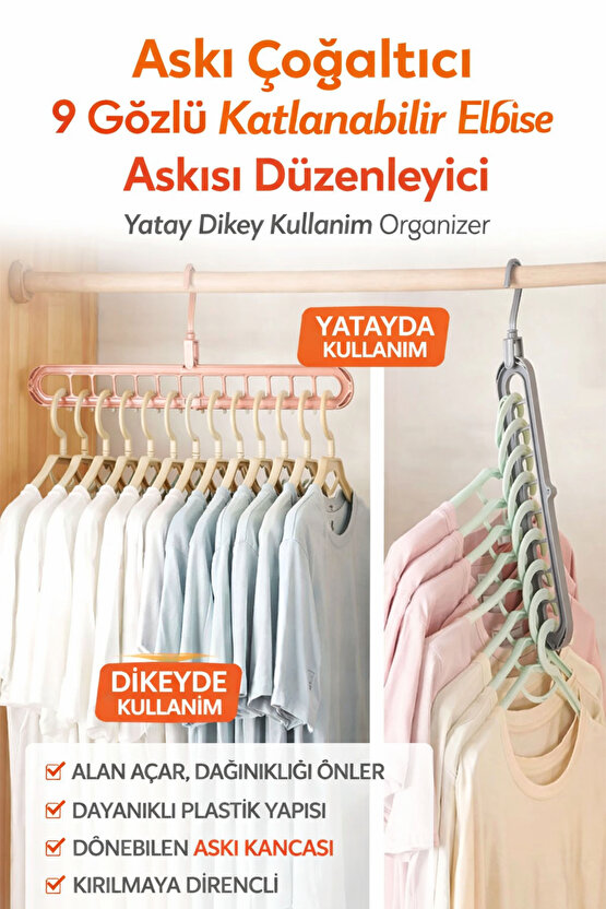 Askı Çoğaltıcı 9 Gözlü Katlanabilir Elbise Askısı Düzenleyici Yatay Dikey Kullanım Organizer 1 ADET