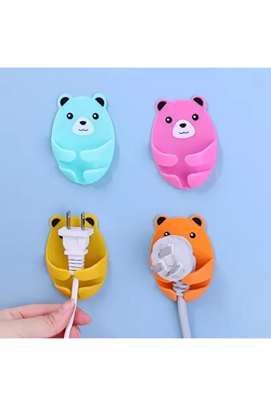 Ayıcık Desenli Kablo Fiş Tutucu Düzenleyici, 4 Adet, Fiş, Kablo, Aksesuar Tutucu Güçlü yapıştırıcı