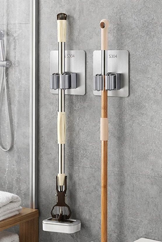Paslanmaz Çelik Yapışkanlı Mop Tutucu | Klipsli Paspas Tutucu | Banyo Mutfak Temizlik Organizer