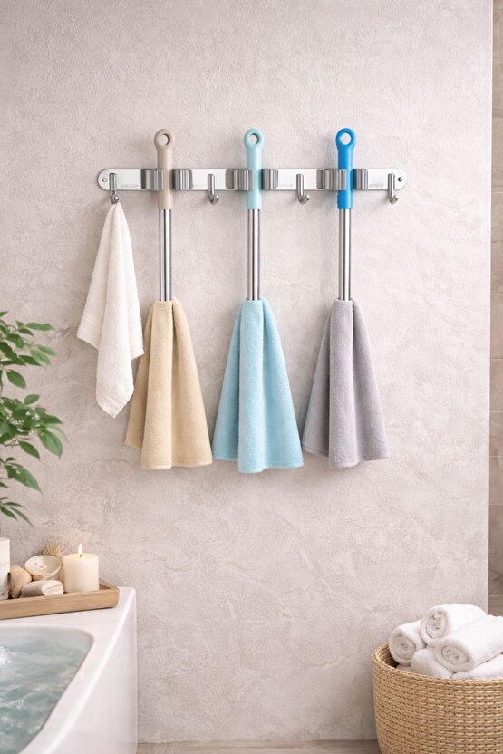 Paslanmaz Çelik Mop Askısı | Duvara Monte Mop ve Bez Tutucu 304 Çelik