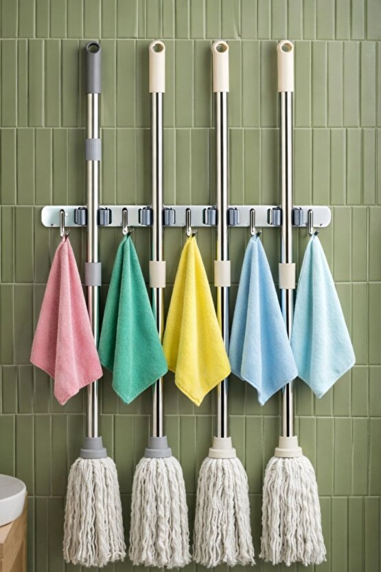 5 Kancalı 4 Mop Tutucu Paspas ve Süpürge Tutucu Askılık | 304 Paslanmaz Çelik Duvar Askısı