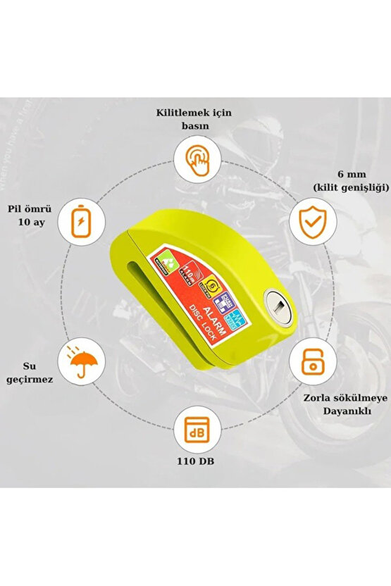 Disk Kilidi Alarmlı 110 Desibel Renkli Disk Kilit(TÜM RENKLERDEN KARIŞIK GÖNDERİLİR) 7mm