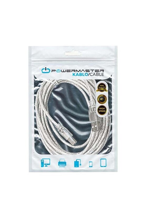 Powermaster 5 Metre 2.0V ŞeffafMavi Usb Yazici Kablosu