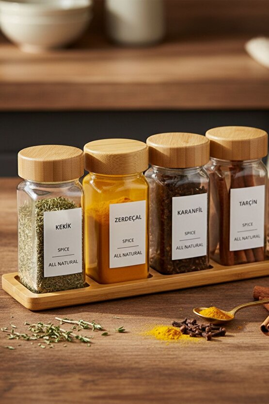 Standlı 5 Parça Bambu Kapaklı 4lü Cam Baharatlık 120 Ml Tuzluk Biberlik