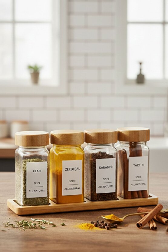 Standlı 5 Parça Bambu Kapaklı 4lü Cam Baharatlık 120 Ml Tuzluk Biberlik