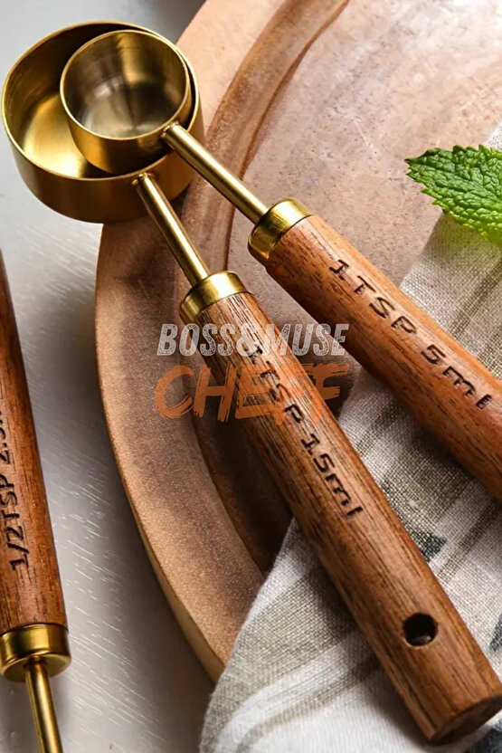 4 Adet Büyük Boy Paslanmaz Çelik Ahşap Saplı Ölçü Kaşığı Seti Ölçü Kabı Hediyeli