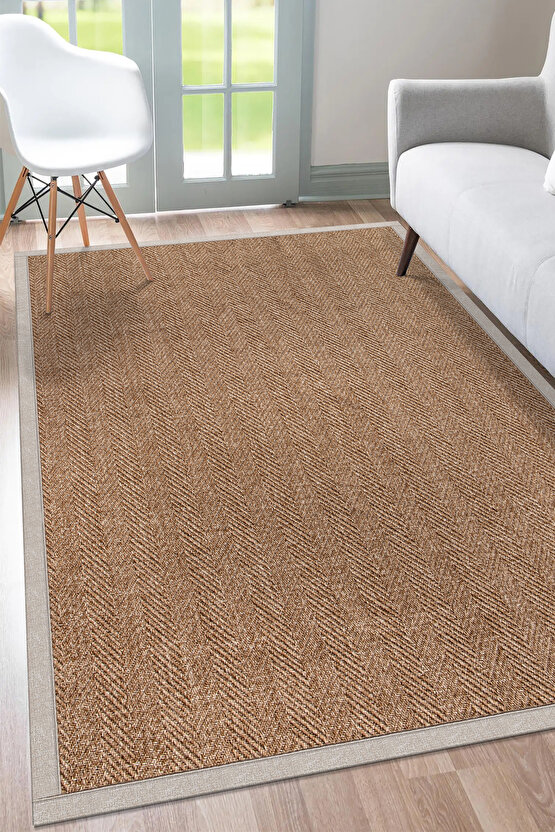 0503-Bej Kumaş Bordür Sisal Halı Kilim Hav Toz Vermez Kolay Temizlenen Hasır Kilim