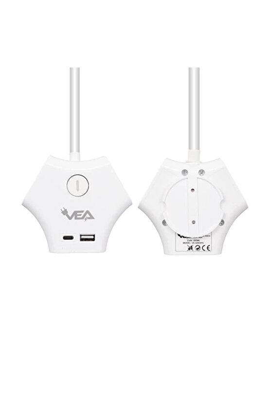 VE-G903YC 3lü USB+ Type-C Girişli Anahtarlı 1.5 Metre Grup Priz
