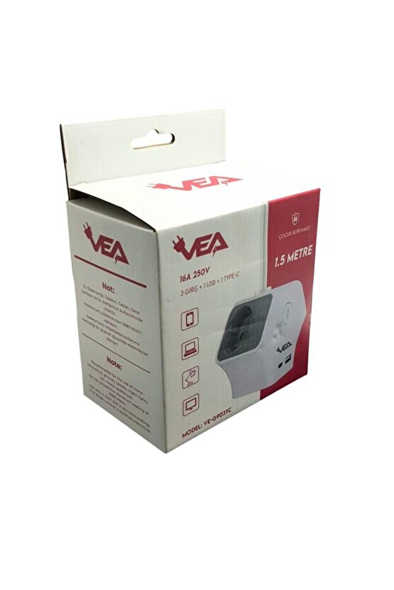 VE-G903YC 3lü USB+ Type-C Girişli Anahtarlı 1.5 Metre Grup Priz