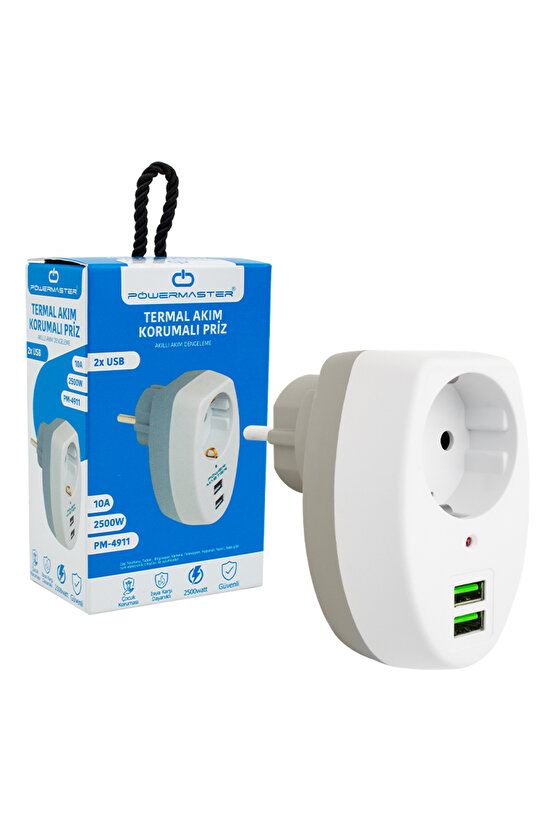 POWERMASTER PM-4911 2 USBLİ TEKLİ TERMAL AKIM KORUMALI PRİZ (10A-2500W)