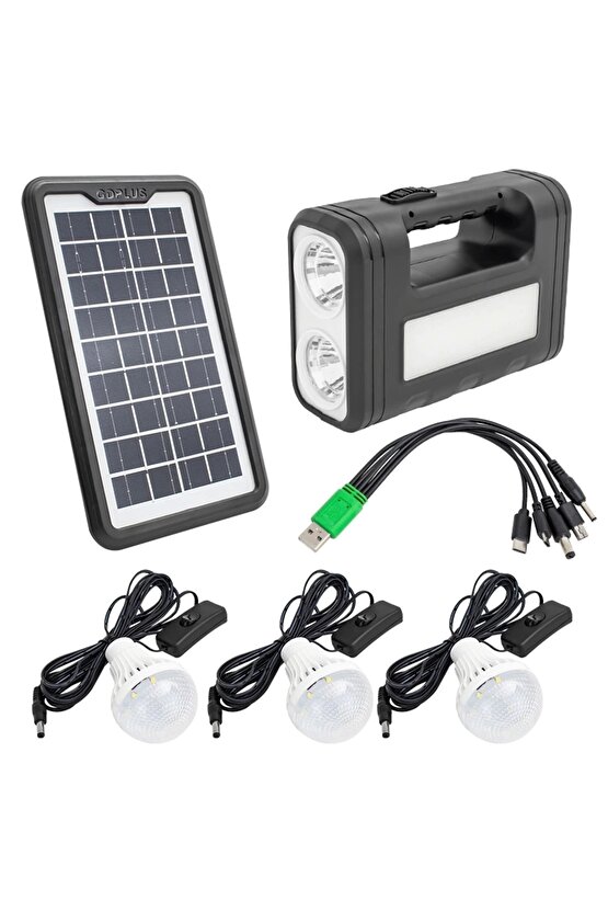 PANELLİ SOLAR LAMBA 3 AMPULLÜ SET AKÜLÜ SOLAR IŞILDAK FENER (5047)