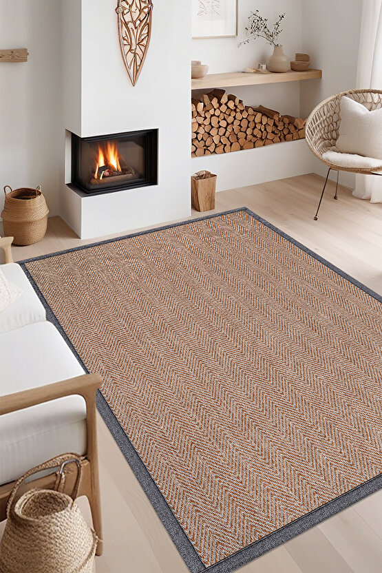 0408-Gri Kumaş Bordür Sisal Halı Kilim Hav Toz Vermez Kolay Temizlenen Hasır Kilim