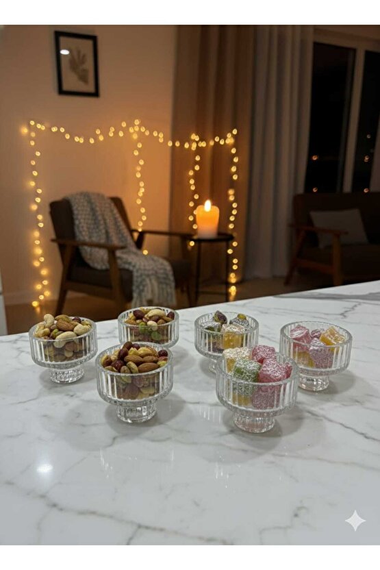 6 Adet Origami Desen Çizgili Cam Mumluk | Çok Amaçlı Mumluk Çerezlik | Lokumluk Şekerlik – 5×6.5 cm