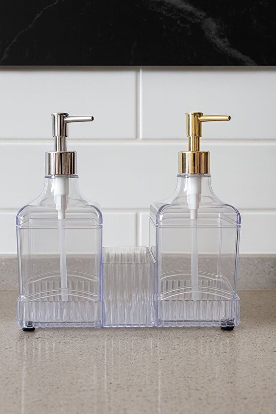 Plastik İkili Standlı Sıvı Sabunluk – Banyo ve Mutfak Tezgah Üstü Sabun Dispenseri