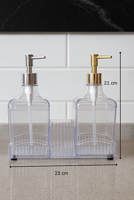 Plastik İkili Standlı Sıvı Sabunluk – Banyo ve Mutfak Tezgah Üstü Sabun Dispenseri