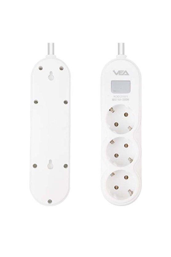 VNDB55 vea va-21571 3lü 1.5 metre kablolu anahtarli beyaz akim korumali priz