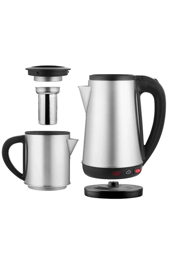 1800W Çelik Hazneli Çaycı – 1.8L Su Isıtıcı + 0.8L Demlik, Süzgeçli Elektrikli Kettle