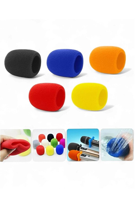 Renkli El Mikrofon Süngeri 5’li Set – Standart Boy (Sarı, Kırmızı, Mavi, Siyah, Turuncu)