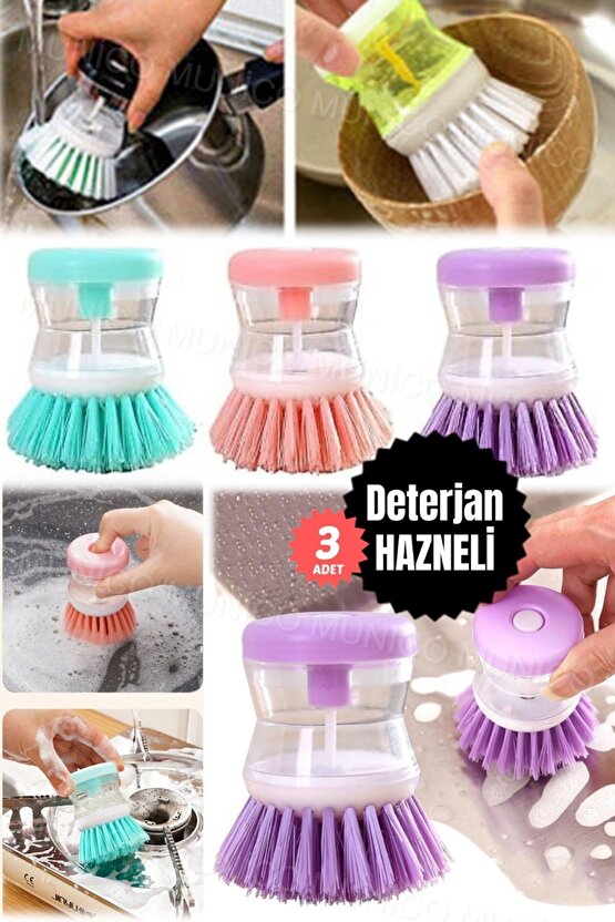 3 Adet Sıvı Deterjanlı Bulaşık Temizlik Aracı Ergonomik Kullanışlı Mutfak İçin Sabun Hazneli Bulaşık